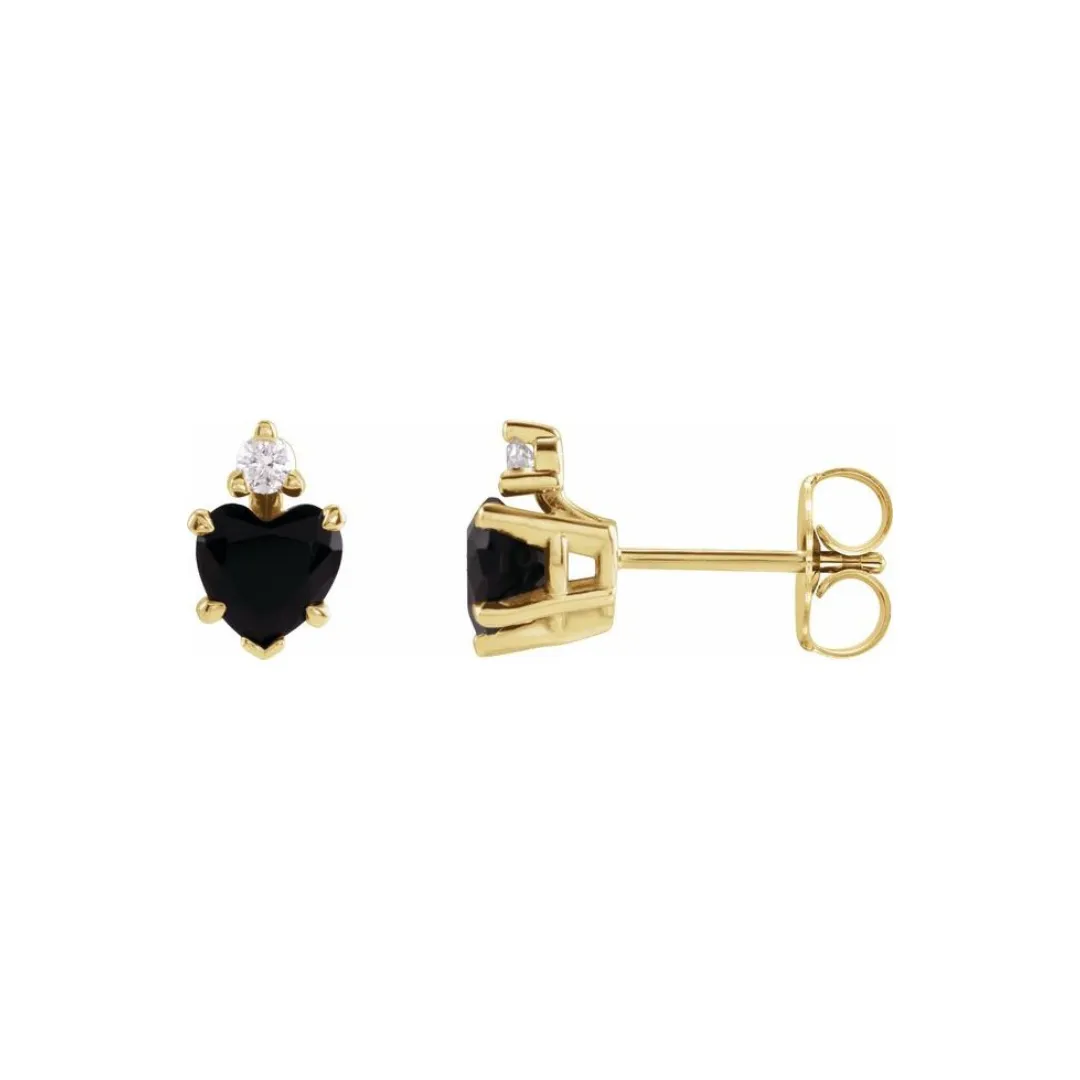 .06CTW DIAMOND ONYX HEART STUD EARRINGS