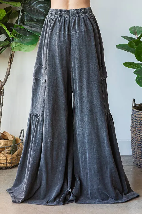 100% prewashed cotton wide leg pant with with pockets - Charcoal Black