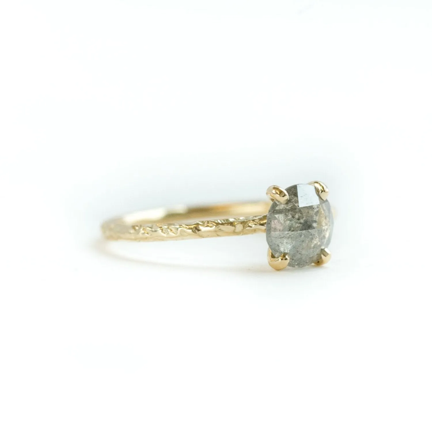 1.13ct Rosecut Silver Grey Galaxy Diamond and Dainty Carved Yellow Gold Low Profile Solitaire