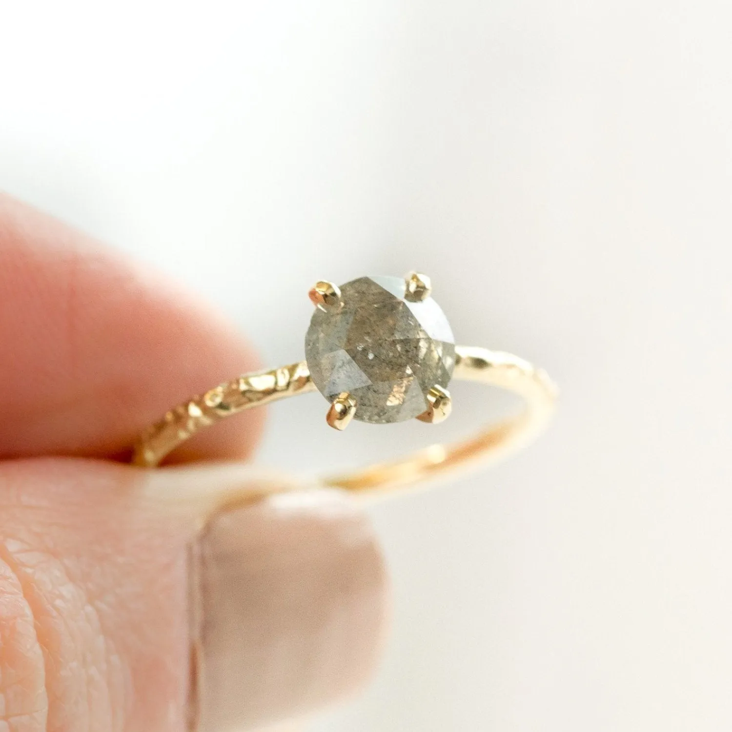 1.13ct Rosecut Silver Grey Galaxy Diamond and Dainty Carved Yellow Gold Low Profile Solitaire