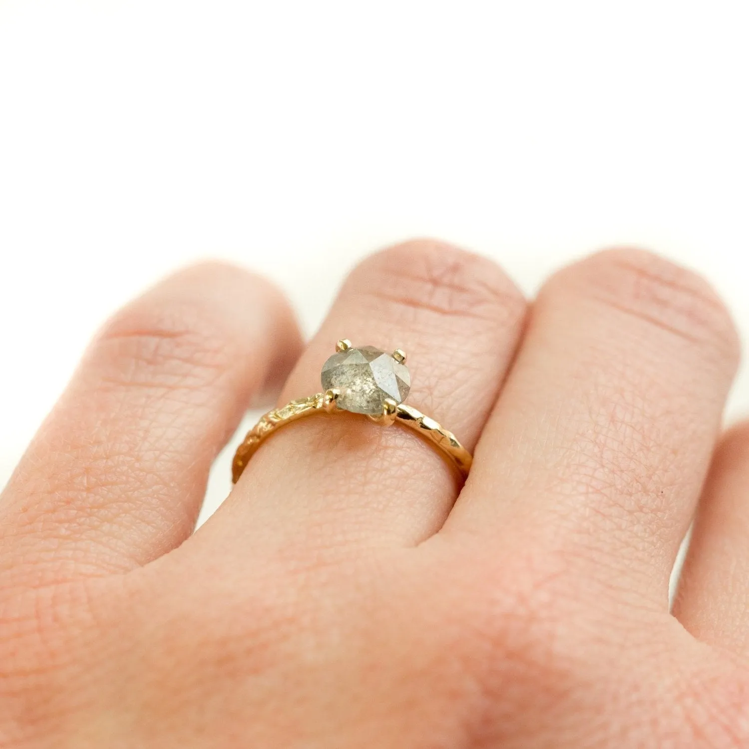 1.13ct Rosecut Silver Grey Galaxy Diamond and Dainty Carved Yellow Gold Low Profile Solitaire