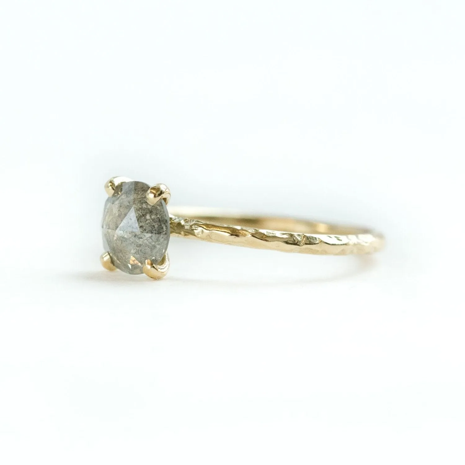 1.13ct Rosecut Silver Grey Galaxy Diamond and Dainty Carved Yellow Gold Low Profile Solitaire