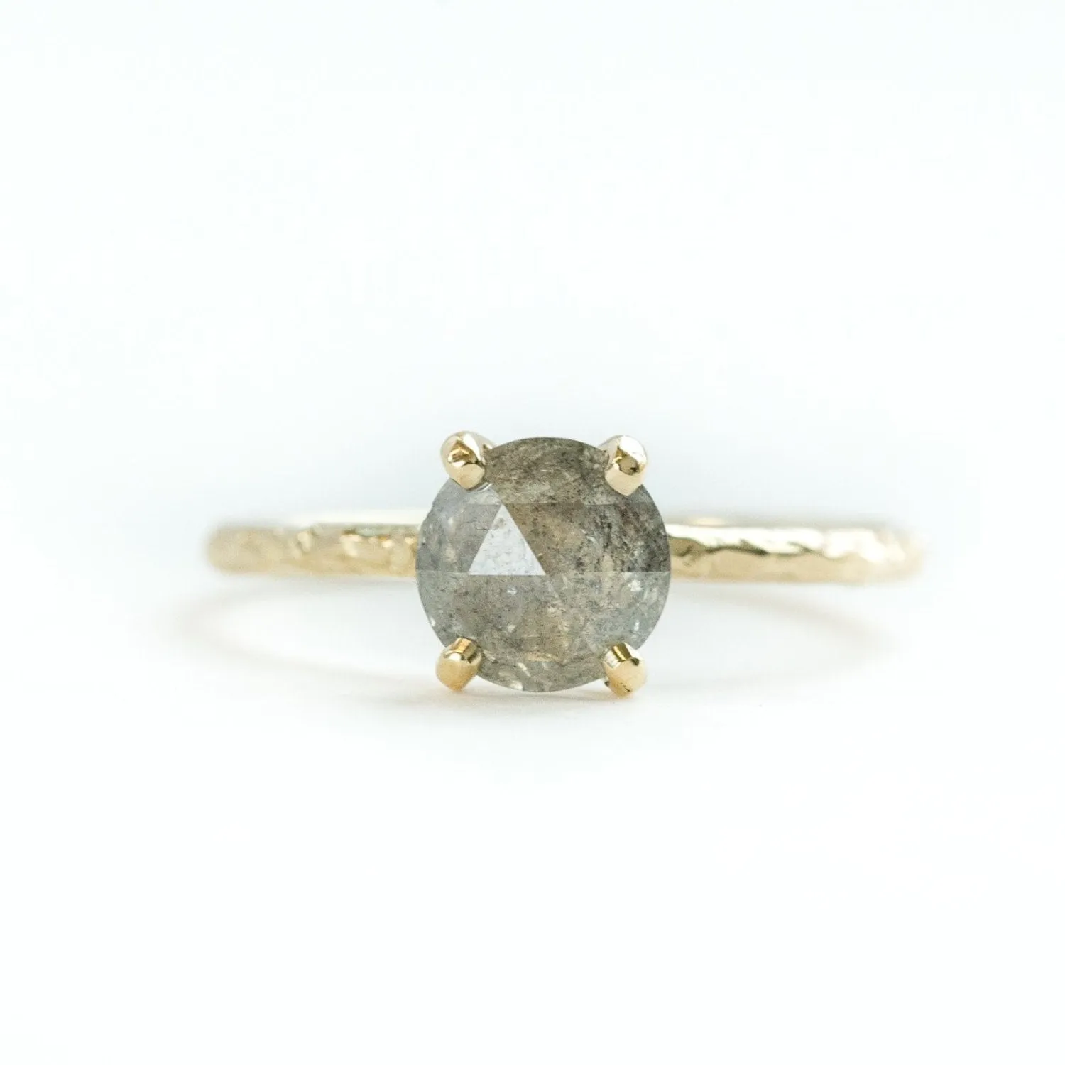 1.13ct Rosecut Silver Grey Galaxy Diamond and Dainty Carved Yellow Gold Low Profile Solitaire