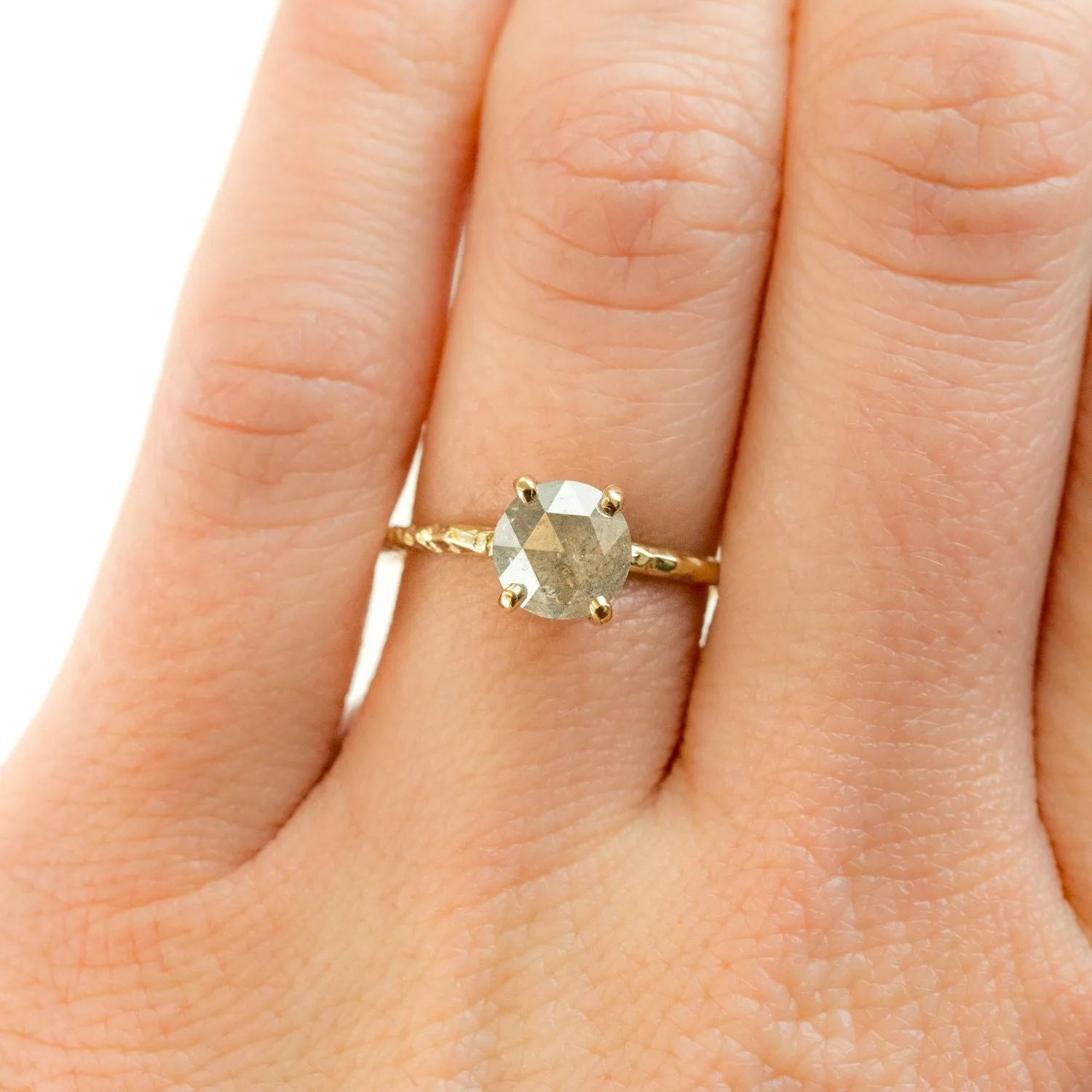 1.13ct Rosecut Silver Grey Galaxy Diamond and Dainty Carved Yellow Gold Low Profile Solitaire