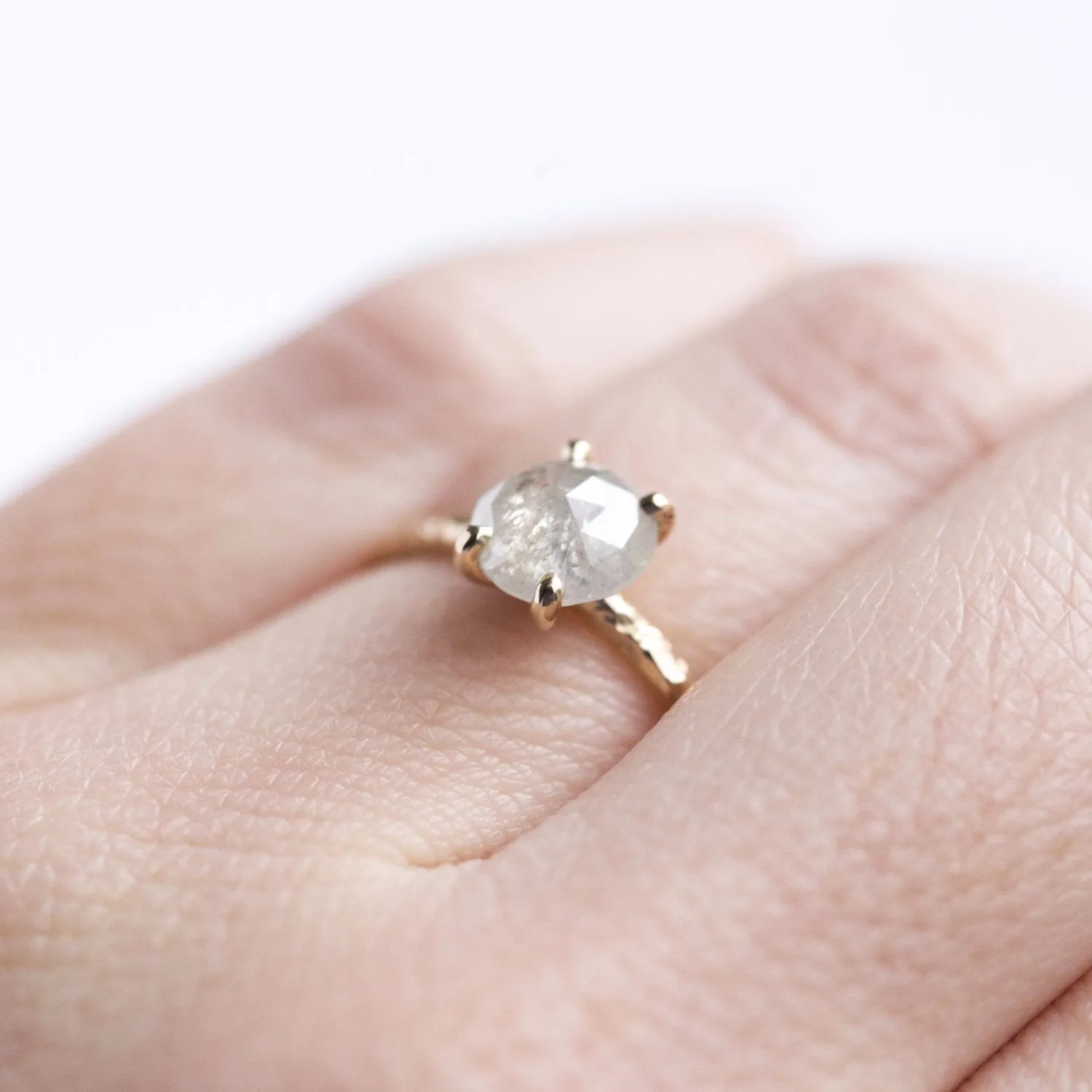 1.21ct Rosecut White Grey Diamond and Dainty Carved Yellow Gold Solitaire Setting- Low Profile Rosecut Ring - Skinny Band - Hand carved by Anueva Jewelry