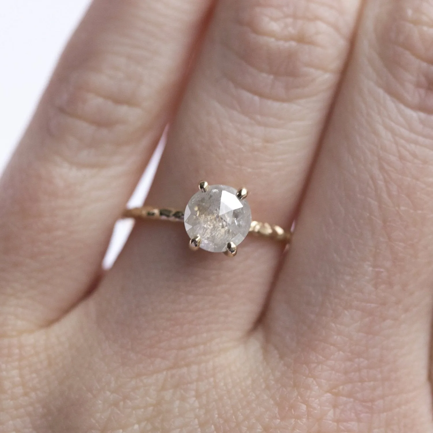 1.21ct Rosecut White Grey Diamond and Dainty Carved Yellow Gold Solitaire Setting- Low Profile Rosecut Ring - Skinny Band - Hand carved by Anueva Jewelry