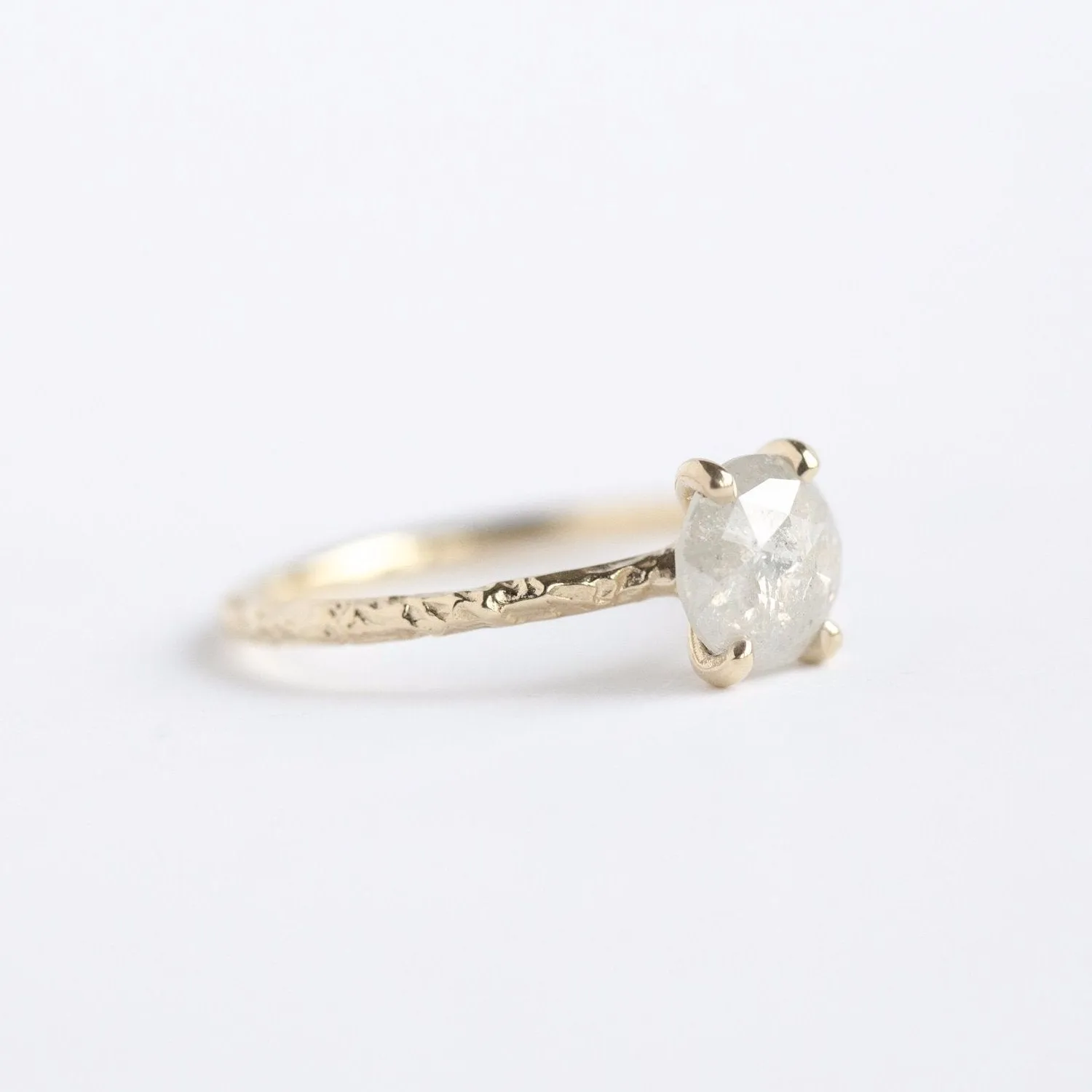 1.21ct Rosecut White Grey Diamond and Dainty Carved Yellow Gold Solitaire Setting- Low Profile Rosecut Ring - Skinny Band - Hand carved by Anueva Jewelry