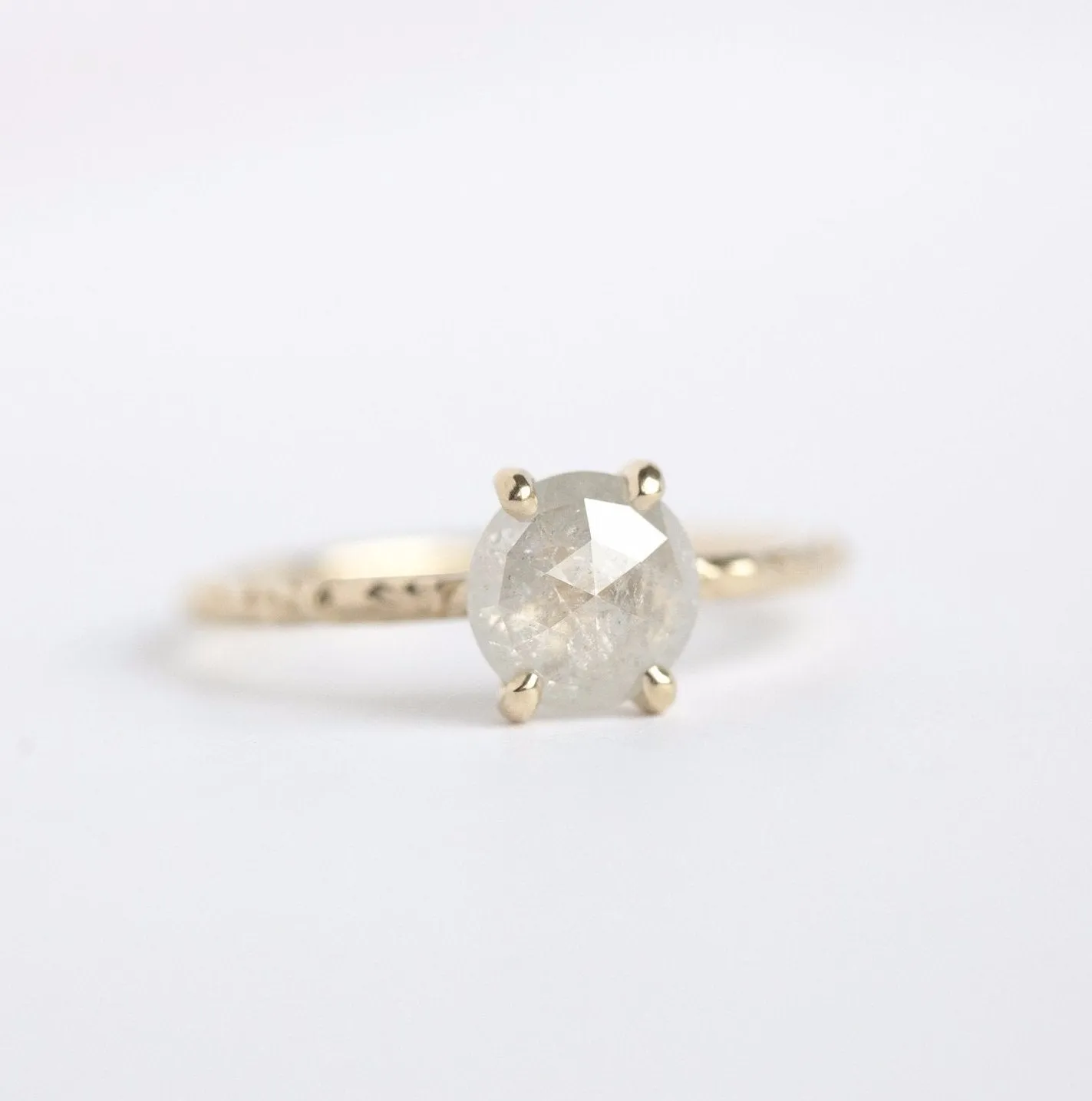 1.21ct Rosecut White Grey Diamond and Dainty Carved Yellow Gold Solitaire Setting- Low Profile Rosecut Ring - Skinny Band - Hand carved by Anueva Jewelry