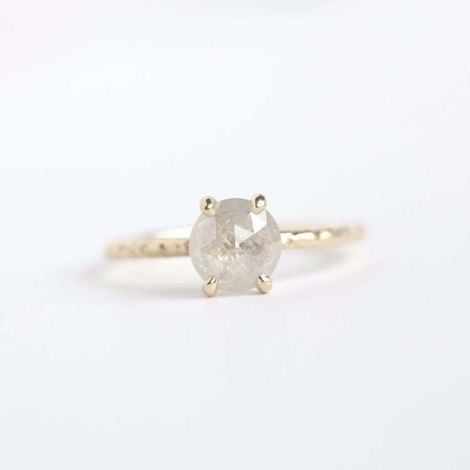 1.21ct Rosecut White Grey Diamond and Dainty Carved Yellow Gold Solitaire Setting- Low Profile Rosecut Ring - Skinny Band - Hand carved by Anueva Jewelry