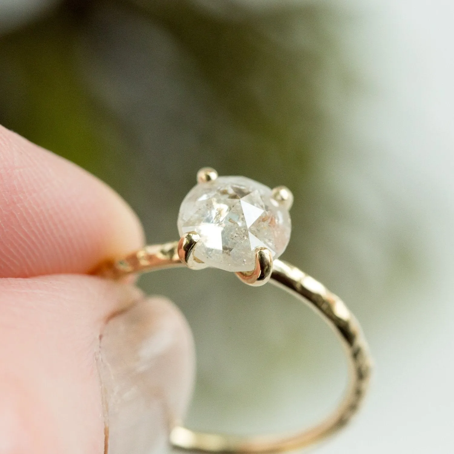 1.35ct Rosecut Clear Glittering Galaxy Diamond and Dainty Carved Yellow Gold Low Profile Solitaire Setting