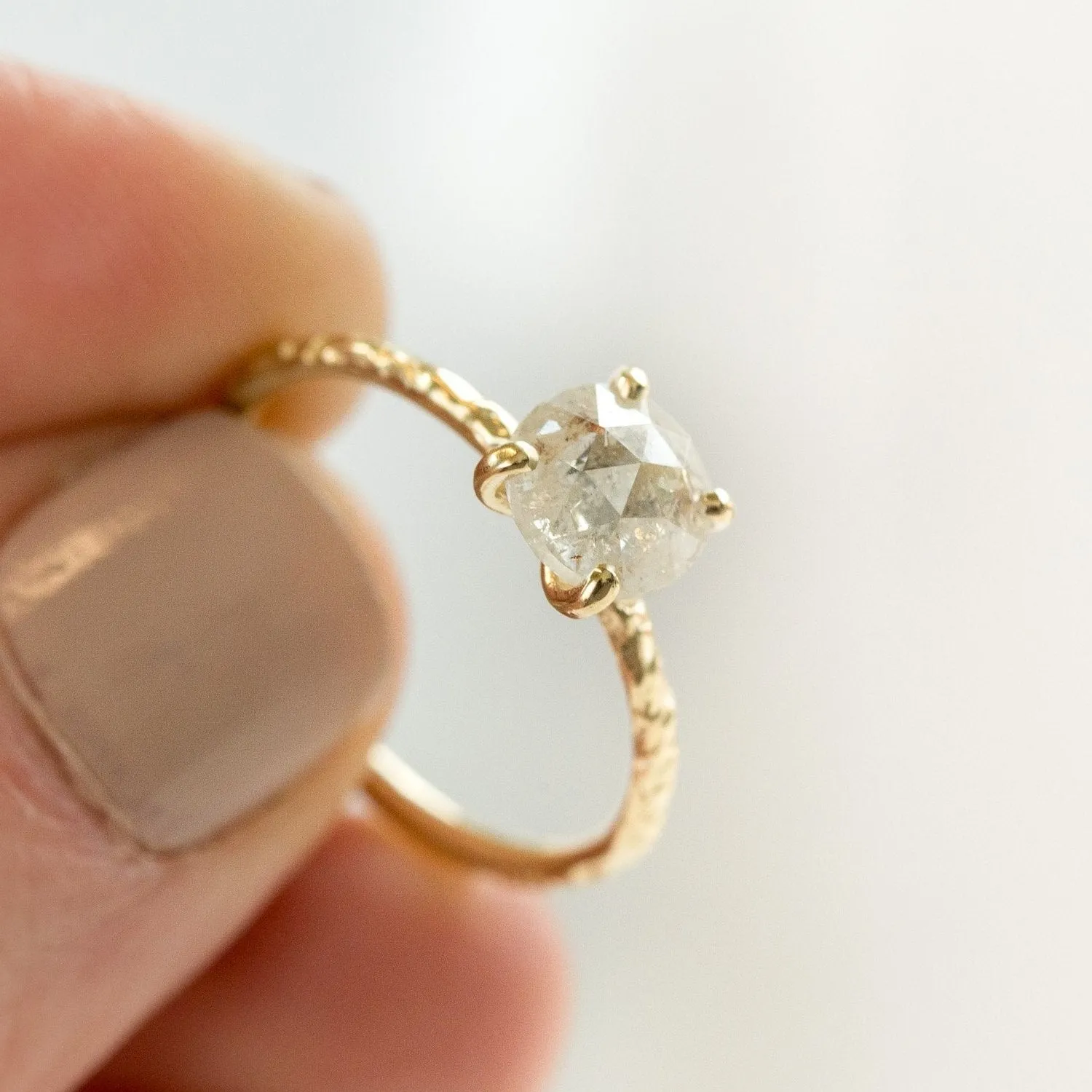 1.35ct Rosecut Clear Glittering Galaxy Diamond and Dainty Carved Yellow Gold Low Profile Solitaire Setting