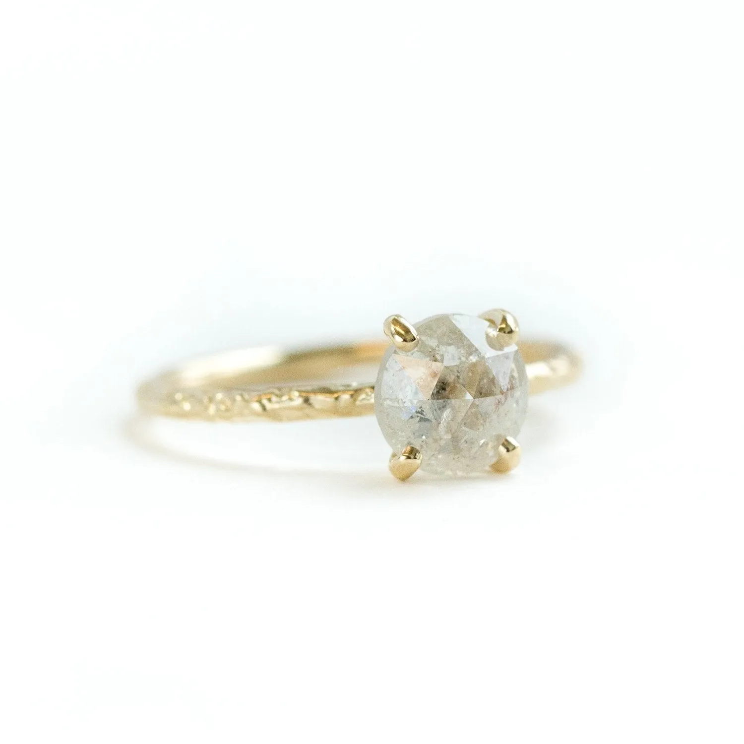 1.35ct Rosecut Clear Glittering Galaxy Diamond and Dainty Carved Yellow Gold Low Profile Solitaire Setting