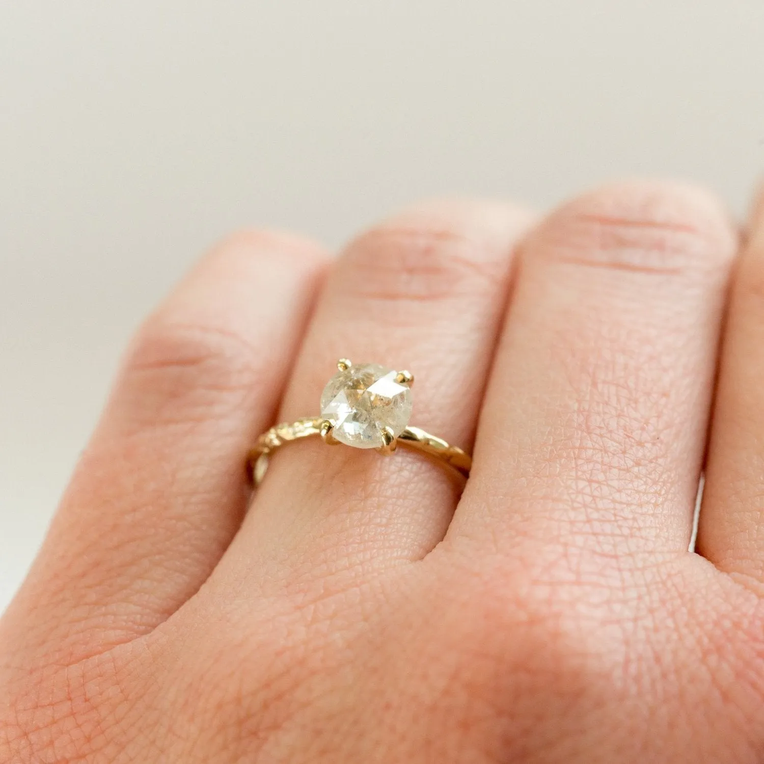 1.35ct Rosecut Clear Glittering Galaxy Diamond and Dainty Carved Yellow Gold Low Profile Solitaire Setting