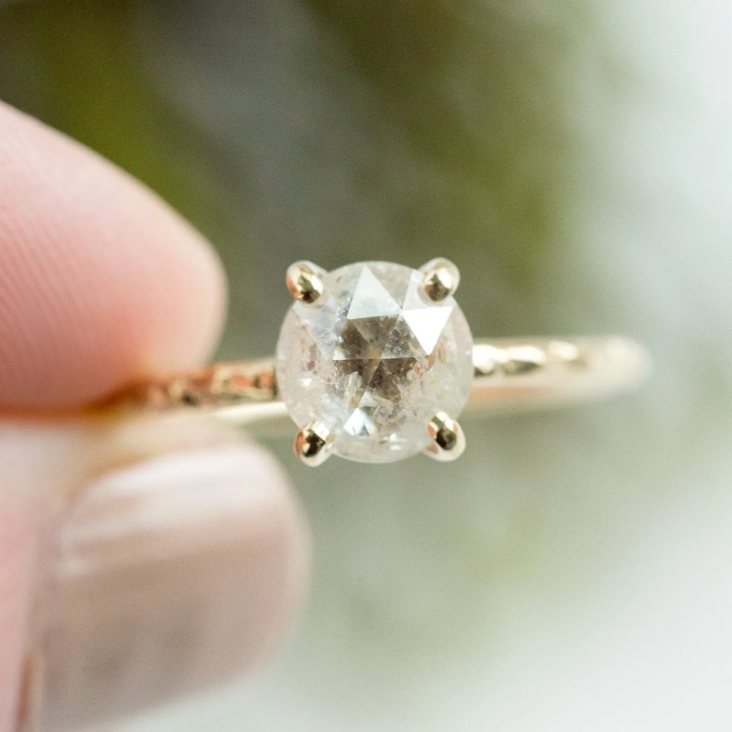 1.35ct Rosecut Clear Glittering Galaxy Diamond and Dainty Carved Yellow Gold Low Profile Solitaire Setting