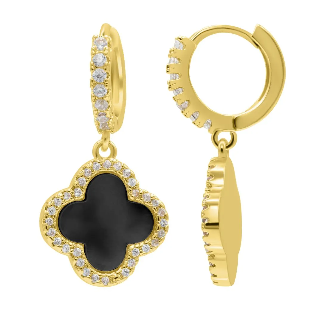 14k Gold Plated Crystal Halo Black Clover Dangle Huggie Earrings