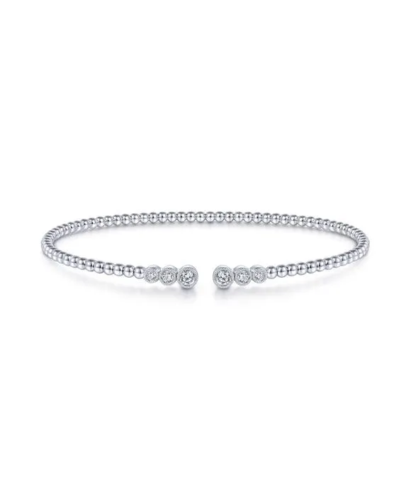 14K White Gold Bujukan Bead Split Cuff Bracelet with Bezel Set Diamonds