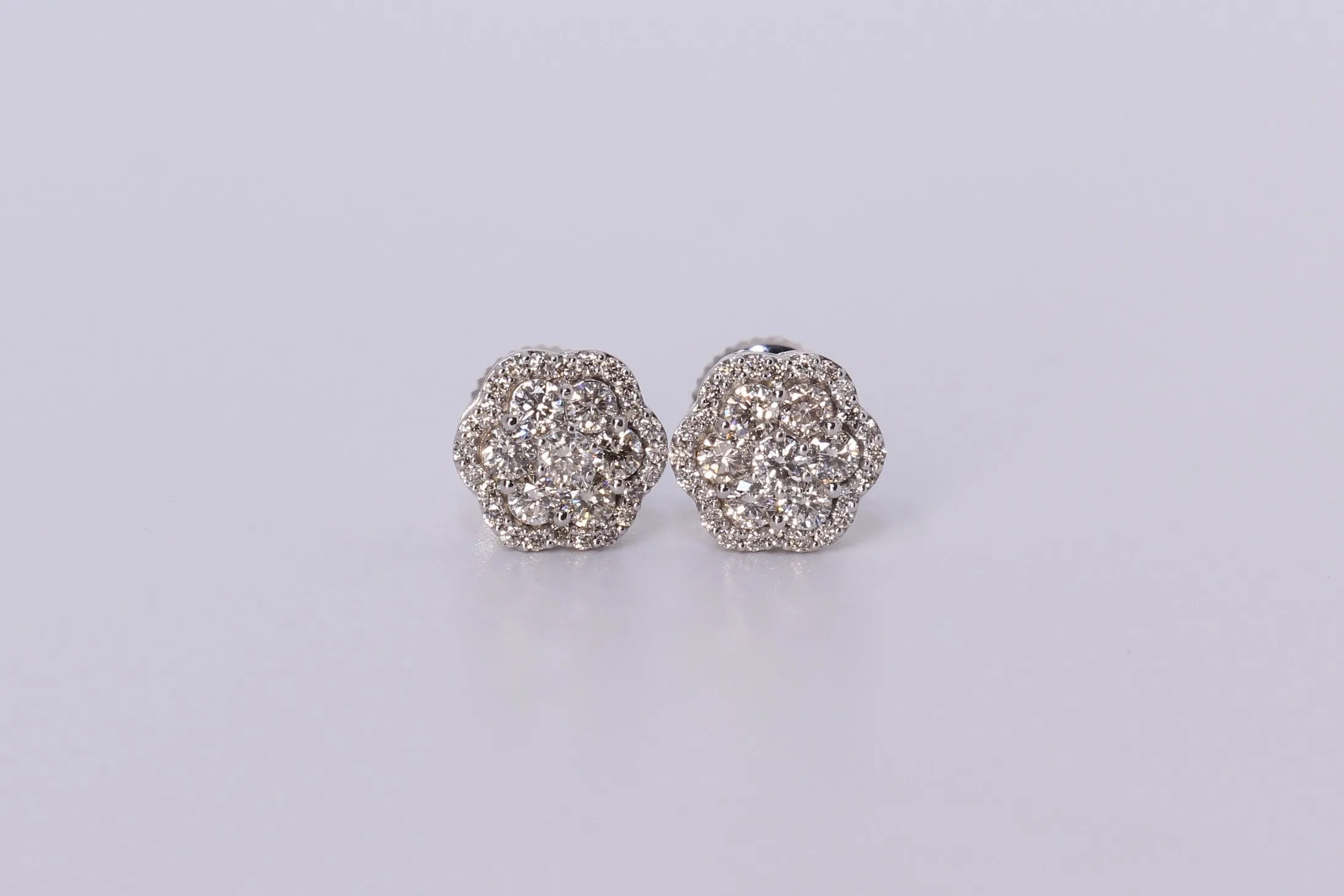 14K White Gold Flower Cluster Earrings .740Ctw