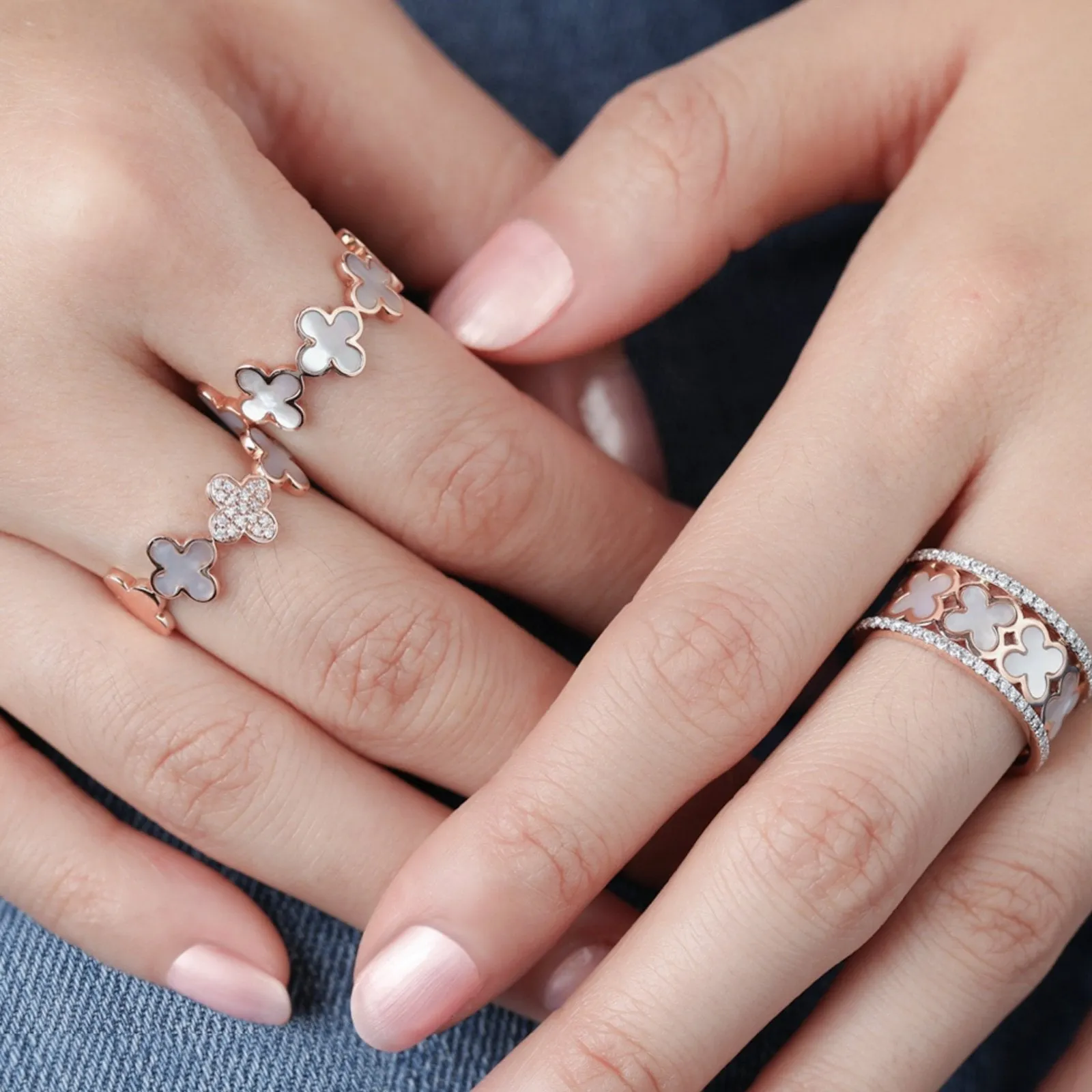 Alternating Diamond and Mother of Pearl Clover Eternity Ring