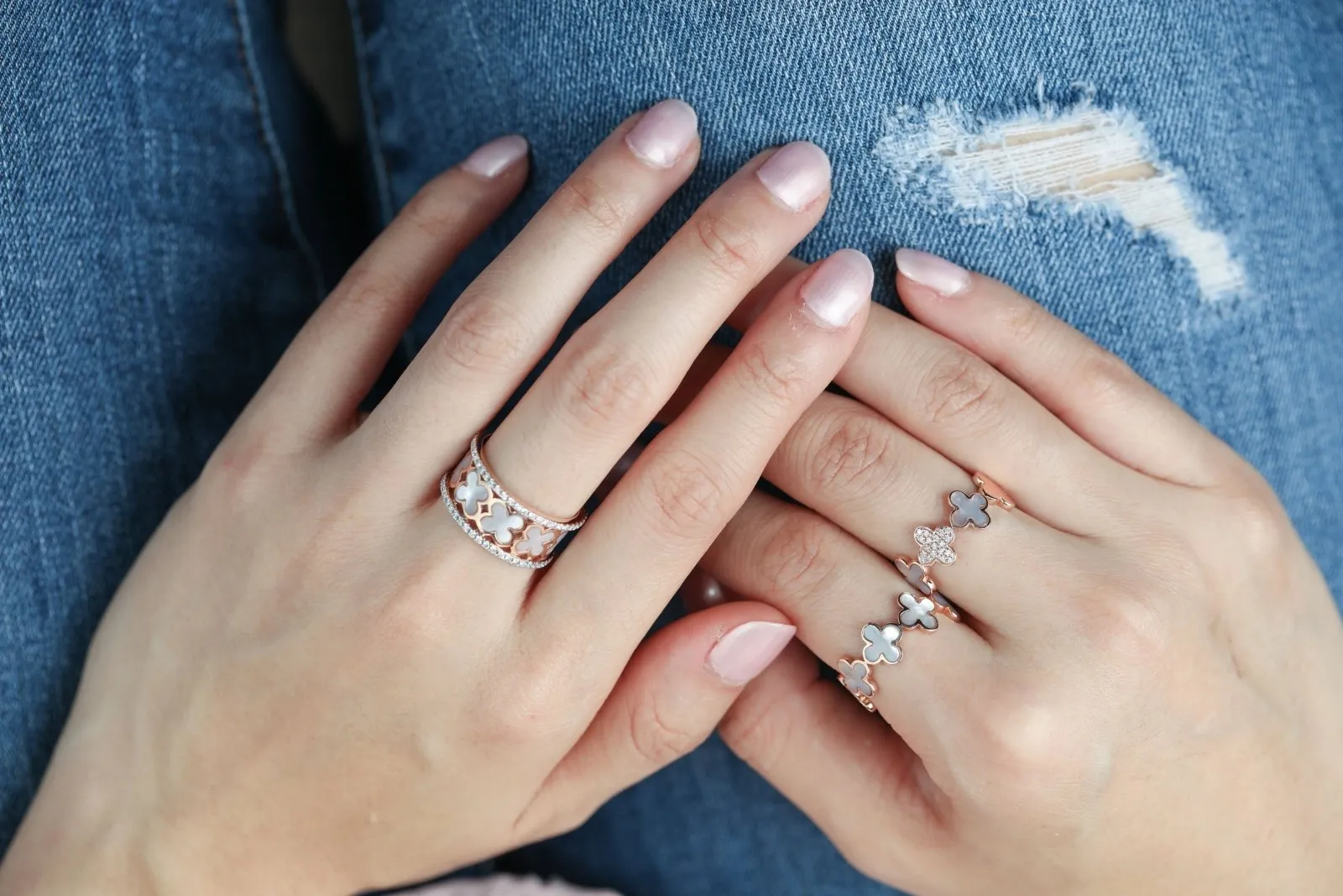 Alternating Diamond and Mother of Pearl Clover Eternity Ring