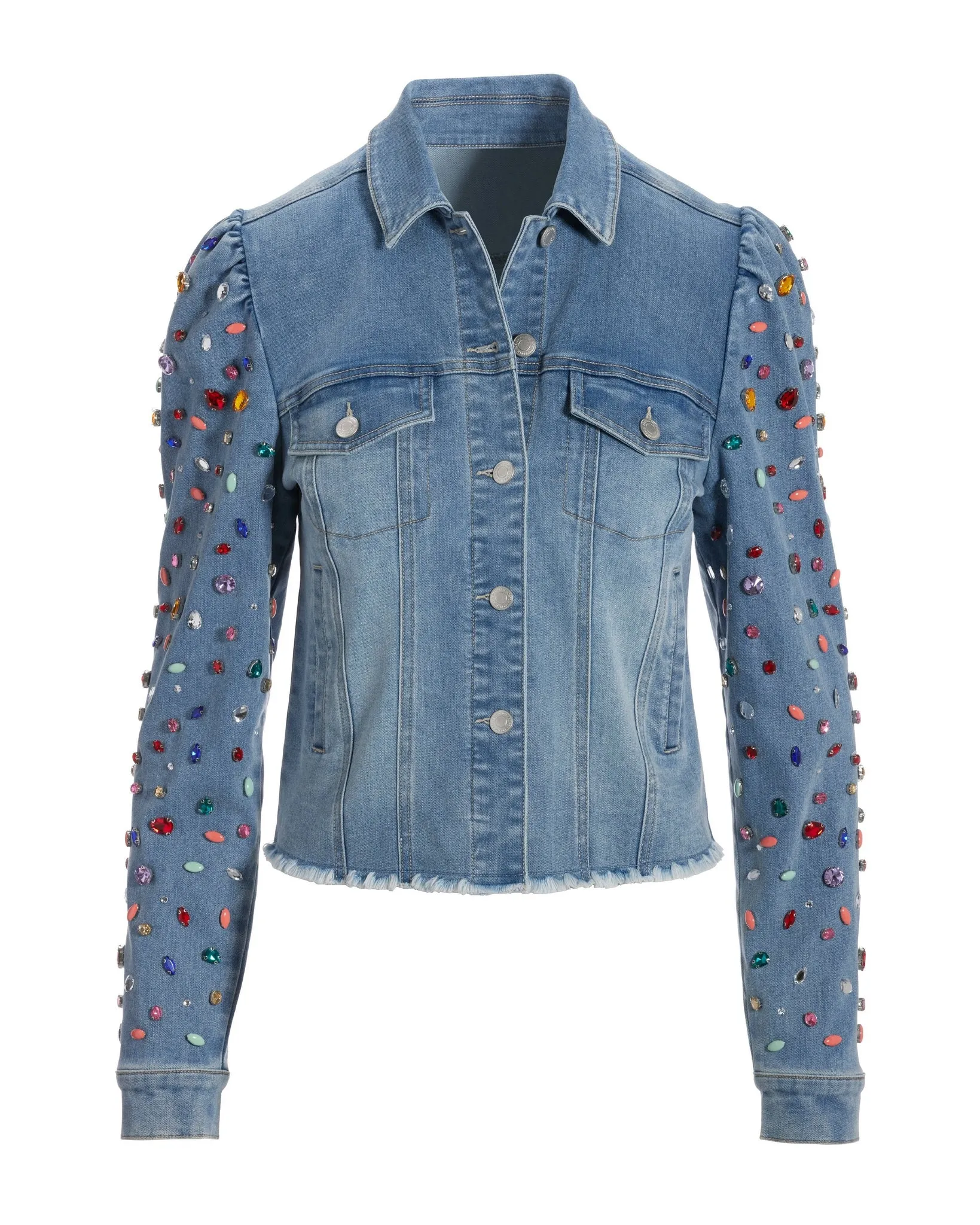 Bright Crystal Embellished Puff-Sleeve Denim Jacket Light Wash