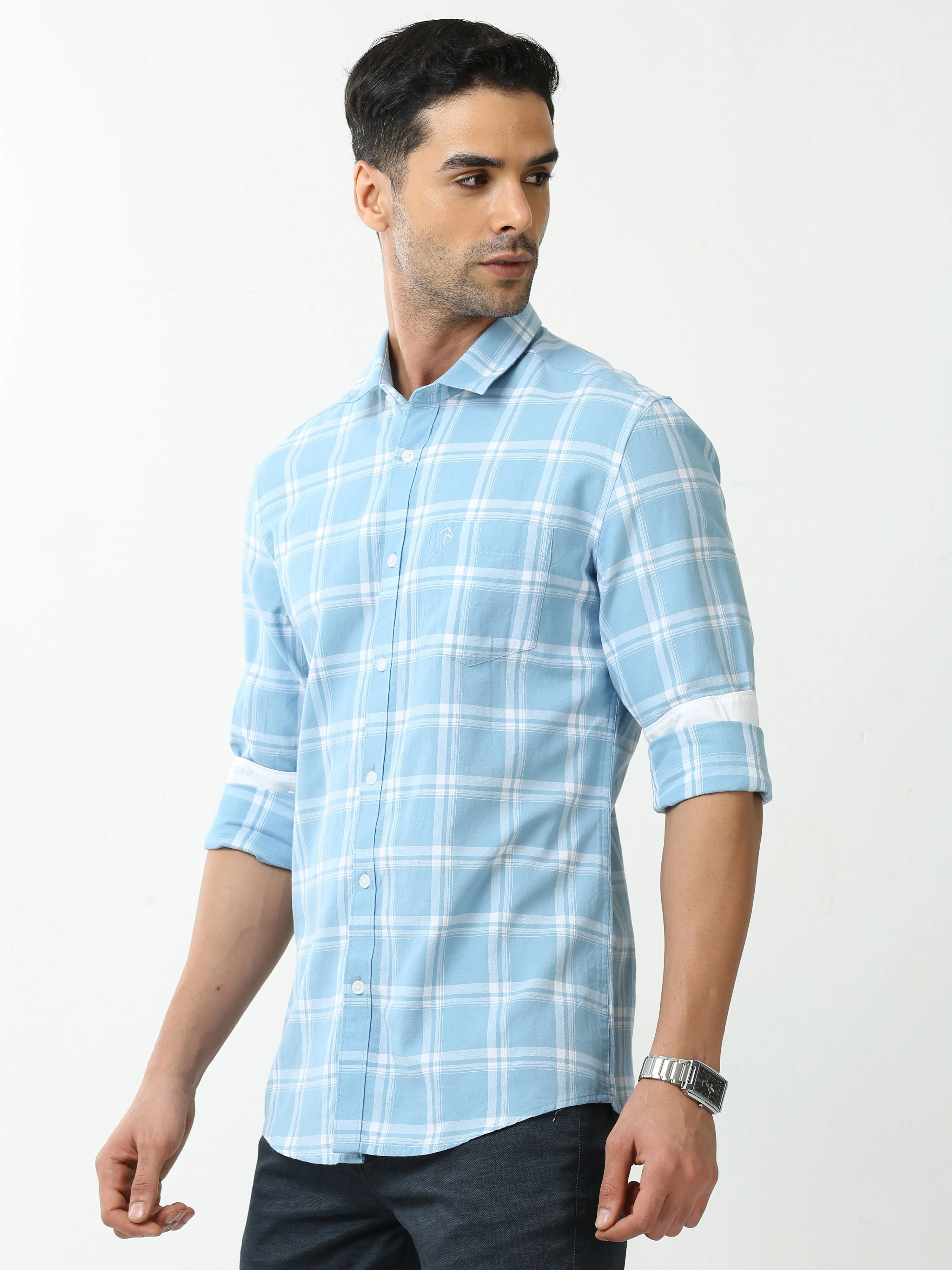 Classic Polo Mens Cotton Full Sleeve Checked Slim Fit Polo Neck Blue Color Casual Shirt | SBO2-66 B-FS-CHK-BSL