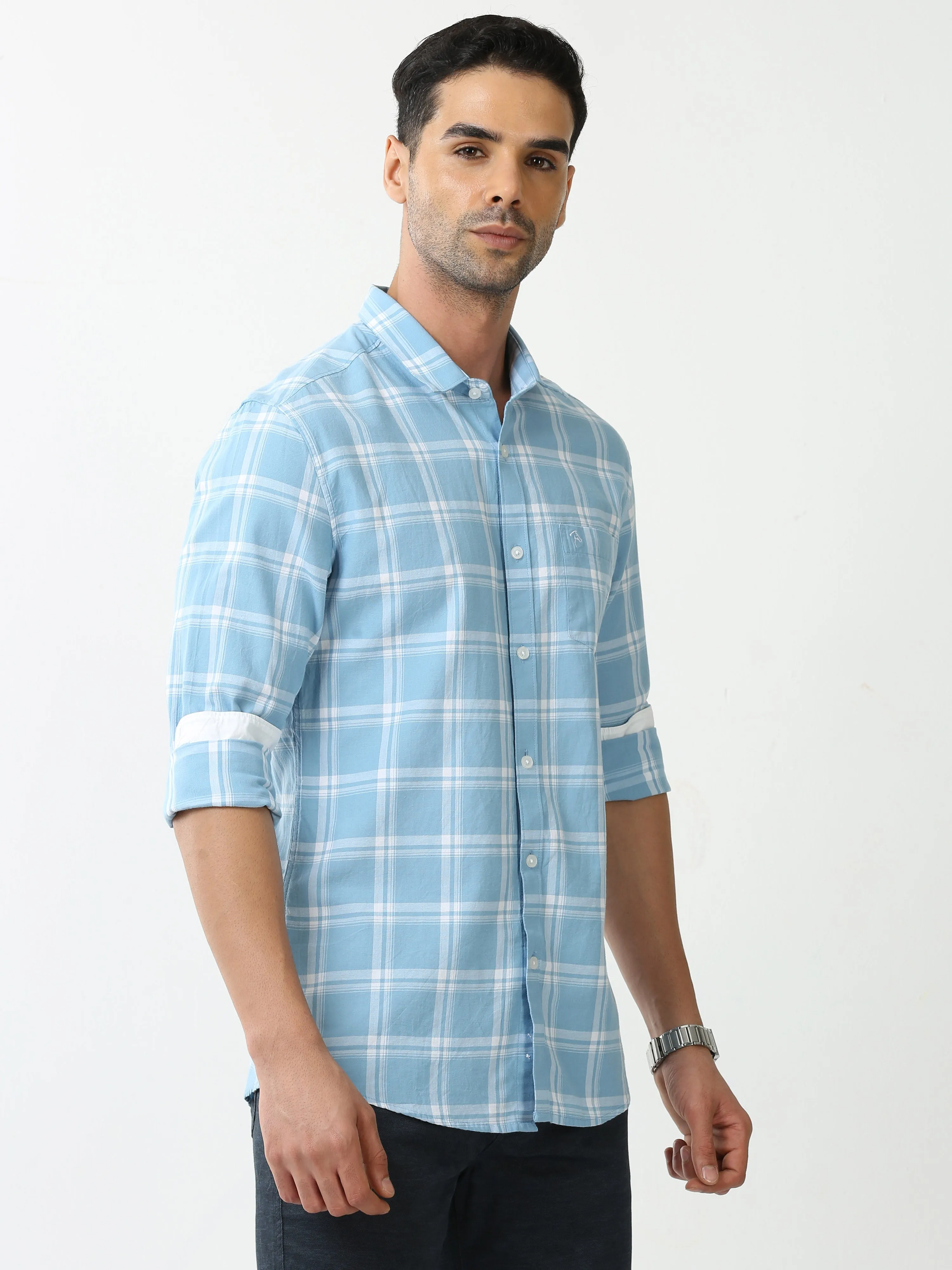 Classic Polo Mens Cotton Full Sleeve Checked Slim Fit Polo Neck Blue Color Casual Shirt | SBO2-66 B-FS-CHK-BSL