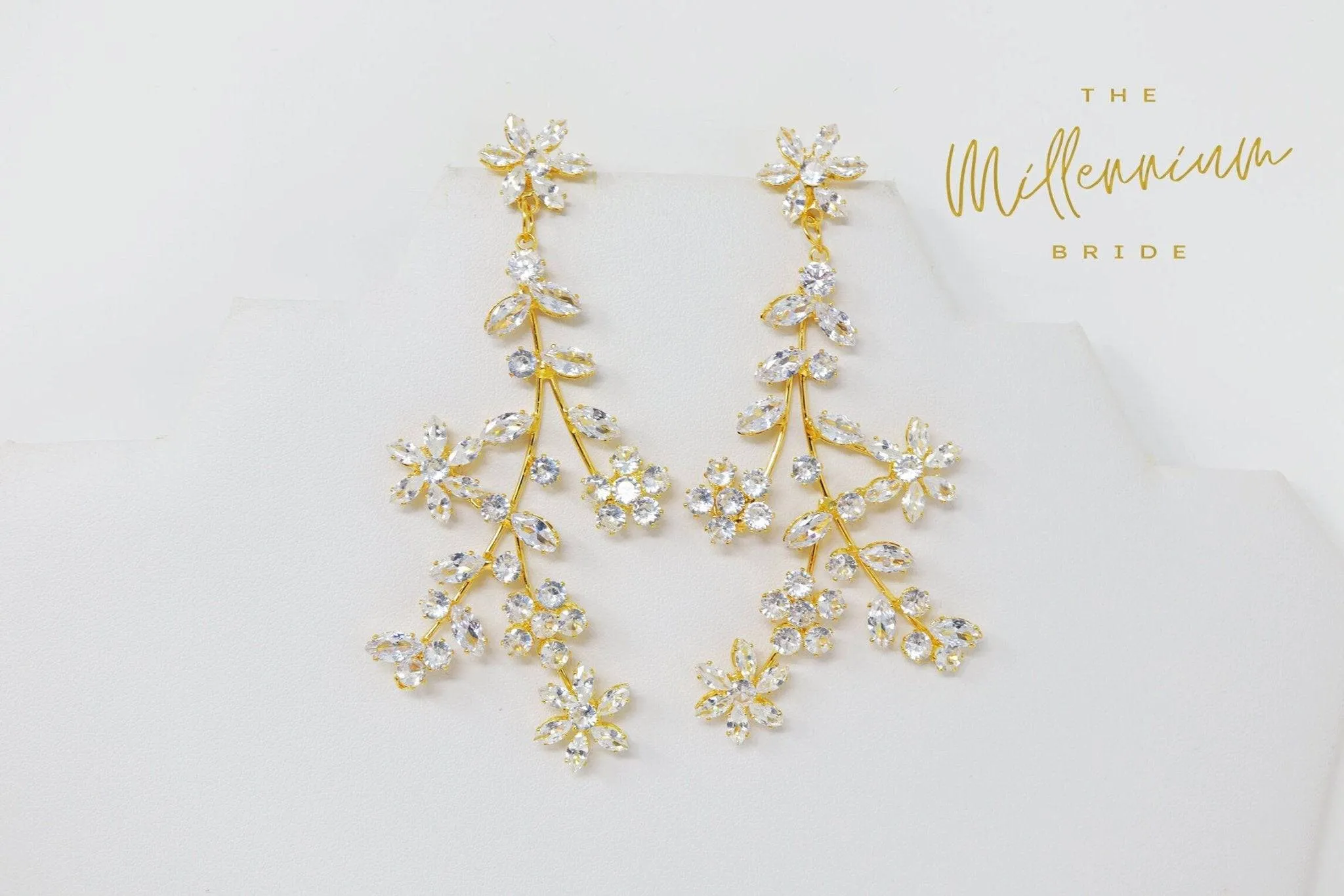 Cubic Zirconia Floral Vine Leaves Diamond Earrings, Long Bridal Earrings, Crystal Bridal Earrings, Statement Earrings, Gold Bride Earring.