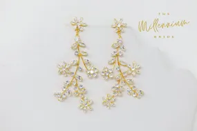 Cubic Zirconia Floral Vine Leaves Diamond Earrings, Long Bridal Earrings, Crystal Bridal Earrings, Statement Earrings, Gold Bride Earring.