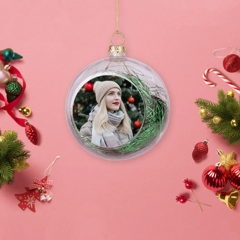 Custom Photo Christmas Ornament Clear With Tinsel Red, Gold, Silver Green