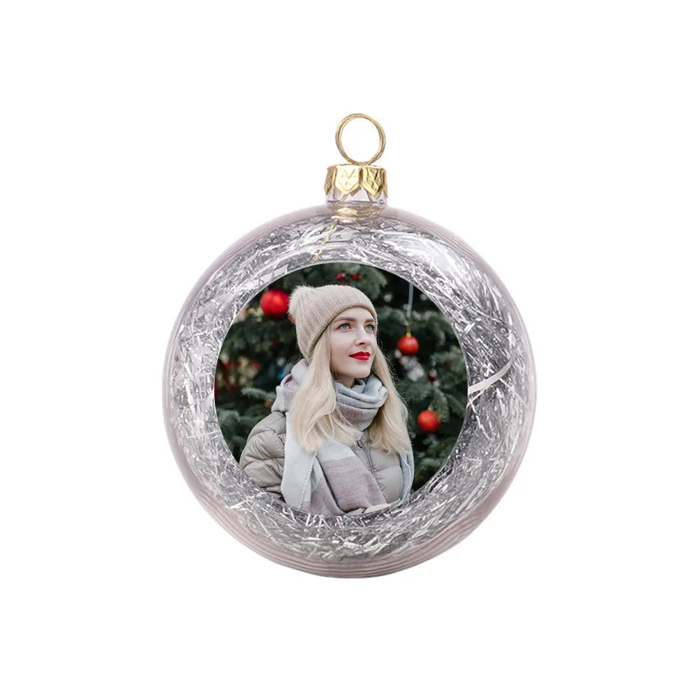 Custom Photo Christmas Ornament Clear With Tinsel Red, Gold, Silver Green