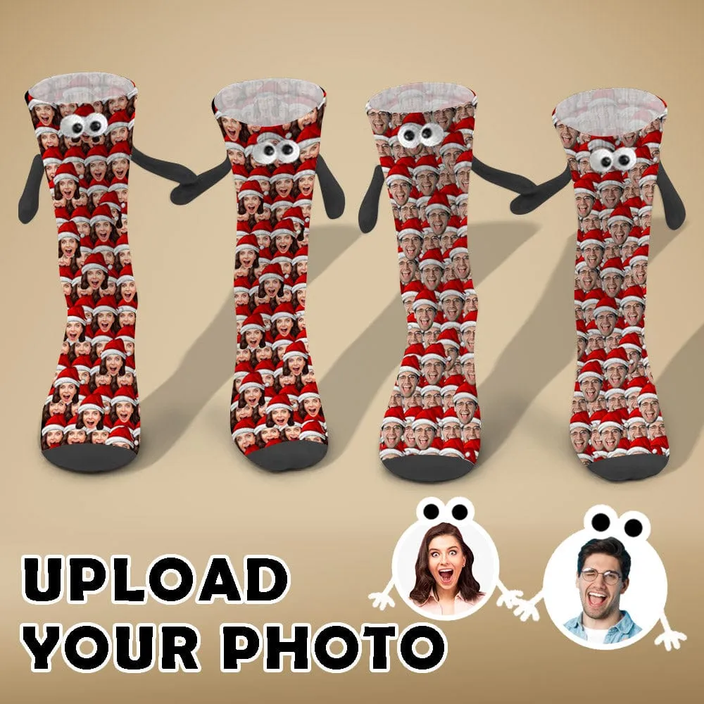 Custom Seamless Face Christmas Hat Magnetic Holding Hands Socks Suction Funny Big Eye Socks