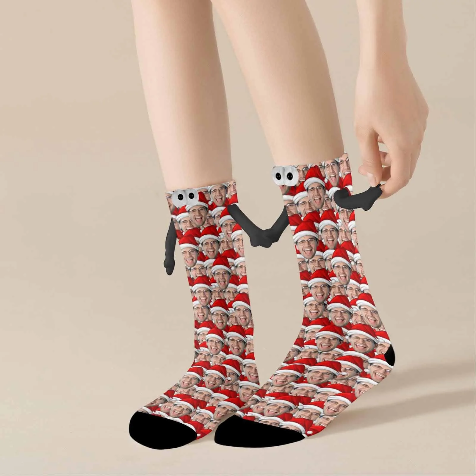 Custom Seamless Face Christmas Hat Magnetic Holding Hands Socks Suction Funny Big Eye Socks