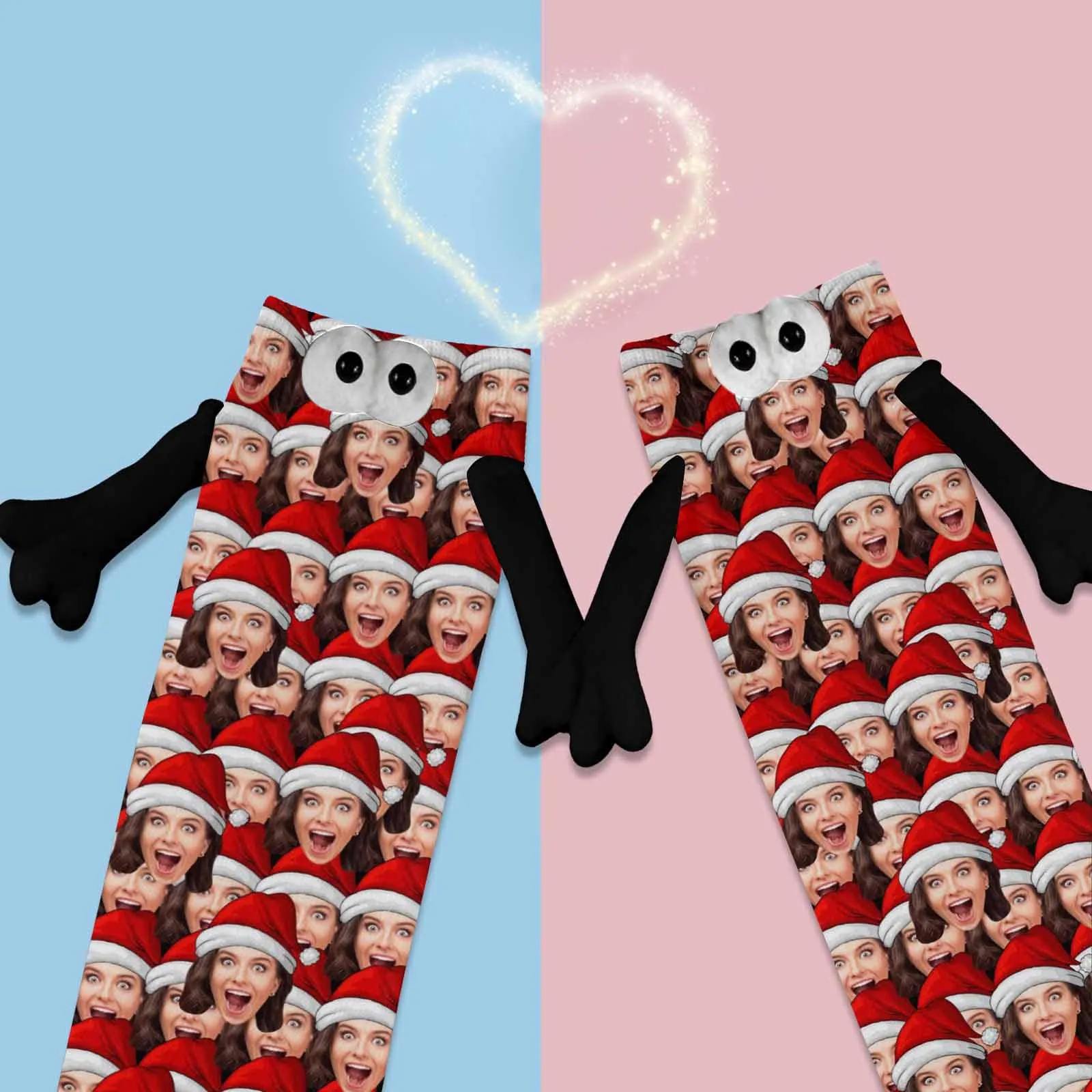 Custom Seamless Face Christmas Hat Magnetic Holding Hands Socks Suction Funny Big Eye Socks