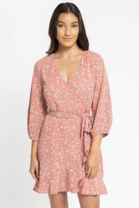 Devoted Coral Bloom Puff Sleeve Wrap Mini Dress