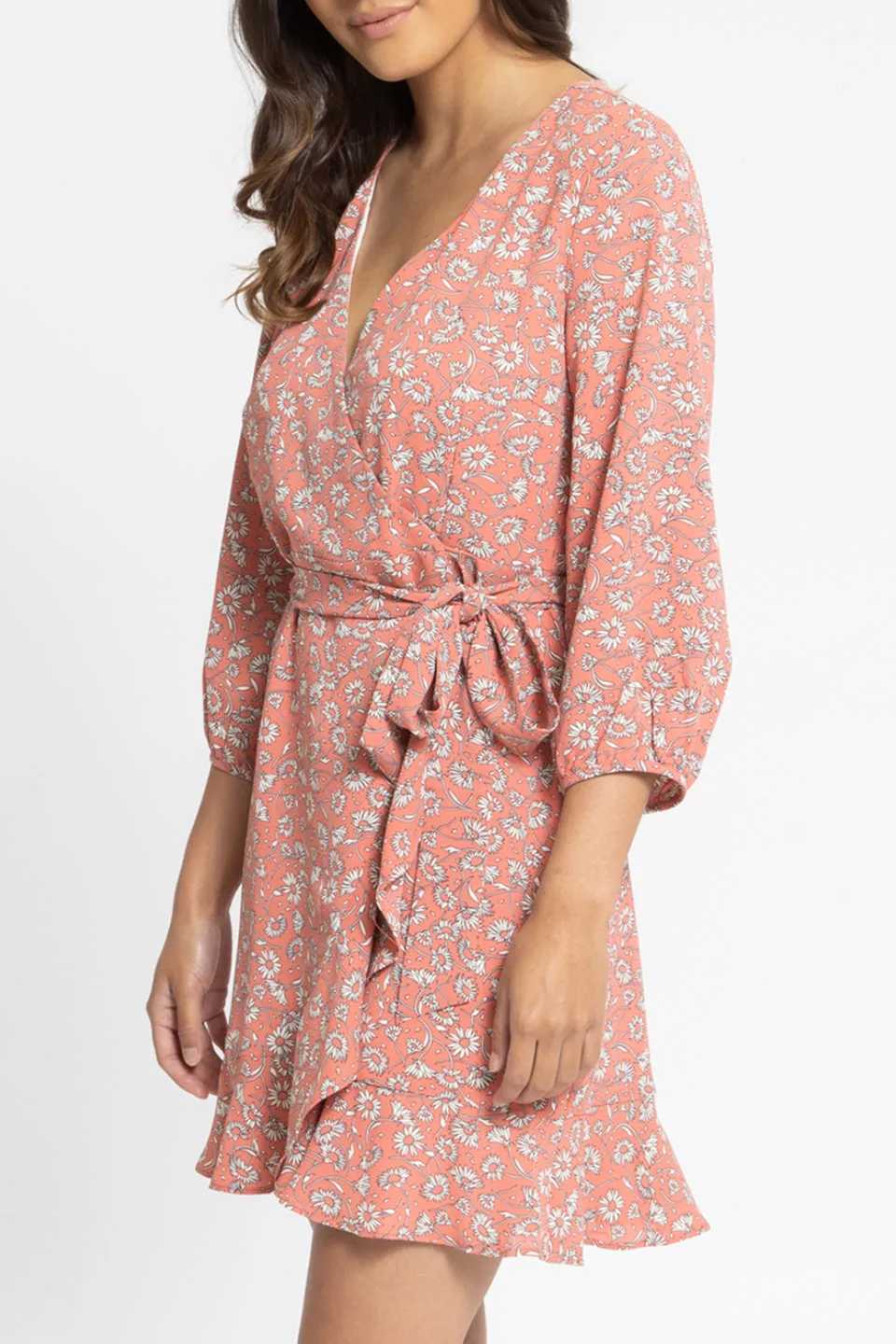 Devoted Coral Bloom Puff Sleeve Wrap Mini Dress