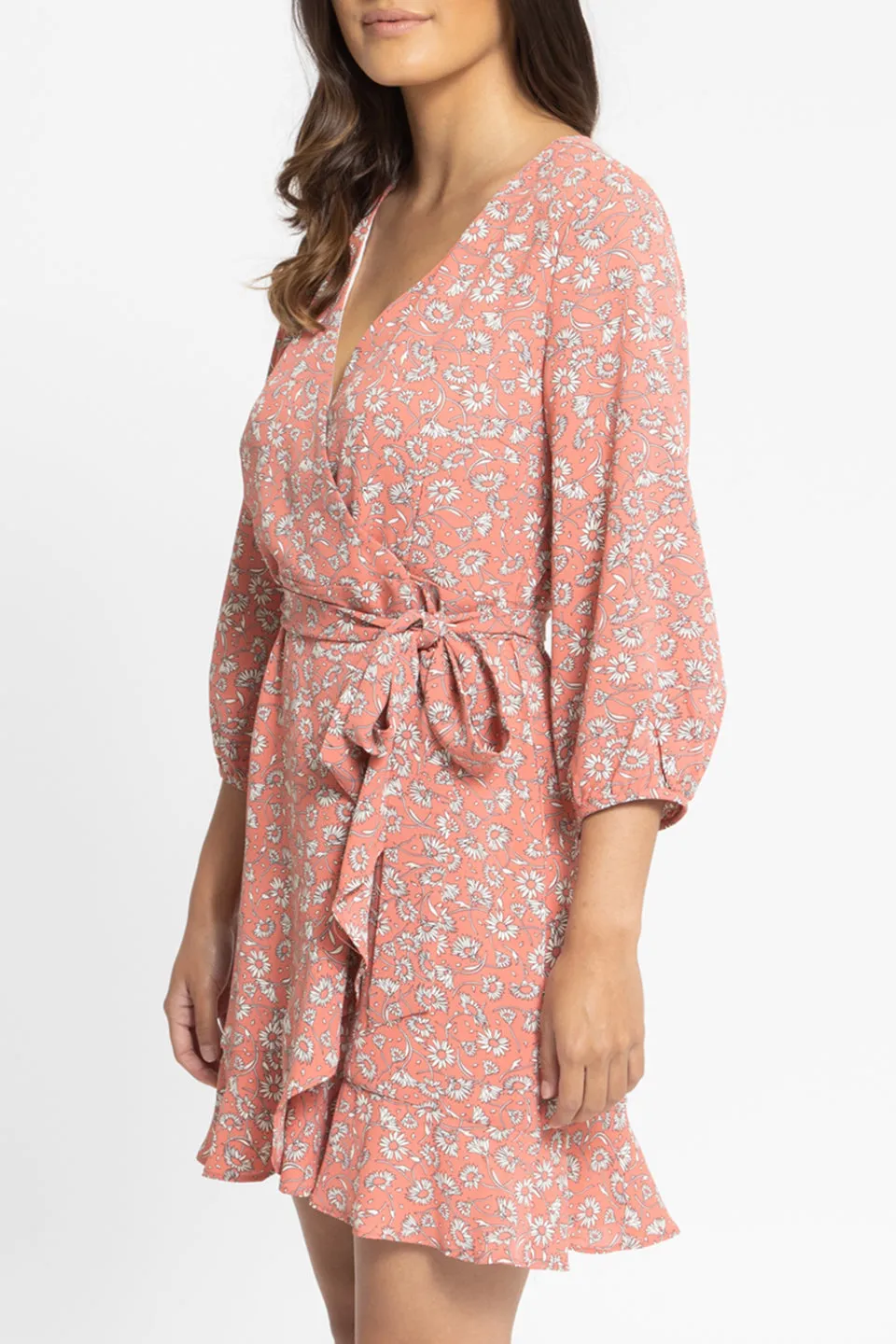 Devoted Coral Bloom Puff Sleeve Wrap Mini Dress