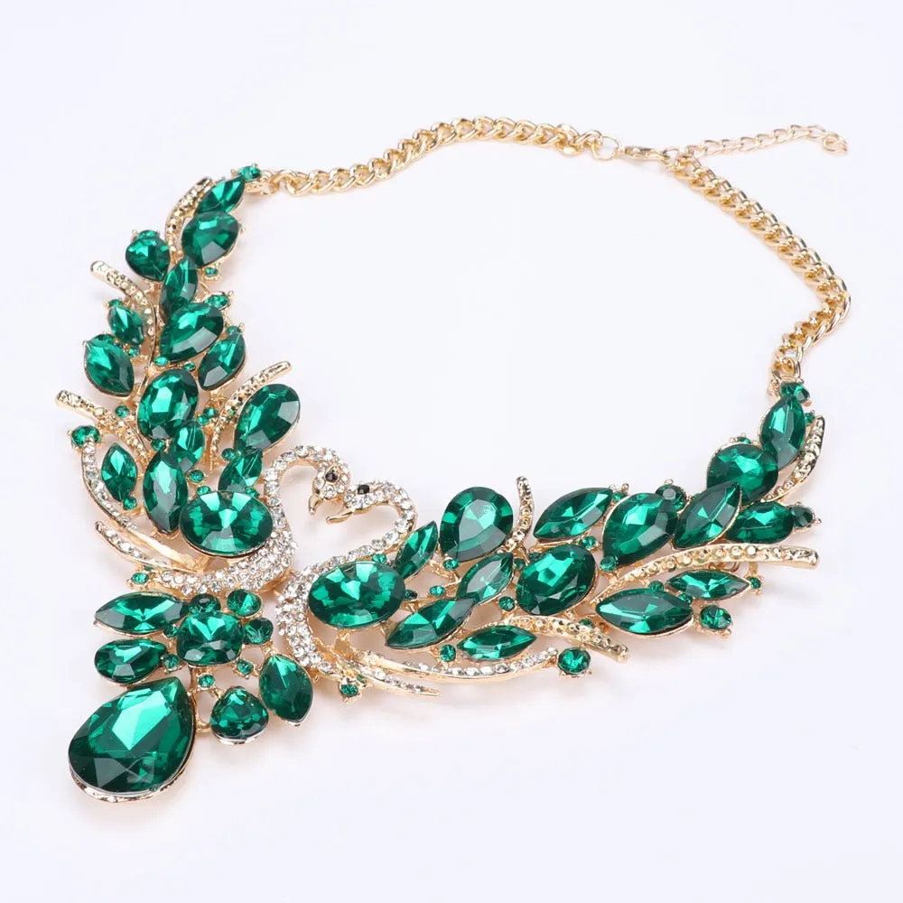 Double Swan Gold-Plated Green Crystal Necklace & Earrings Wedding Statement Jewelry Set