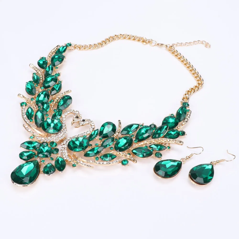 Double Swan Gold-Plated Green Crystal Necklace & Earrings Wedding Statement Jewelry Set