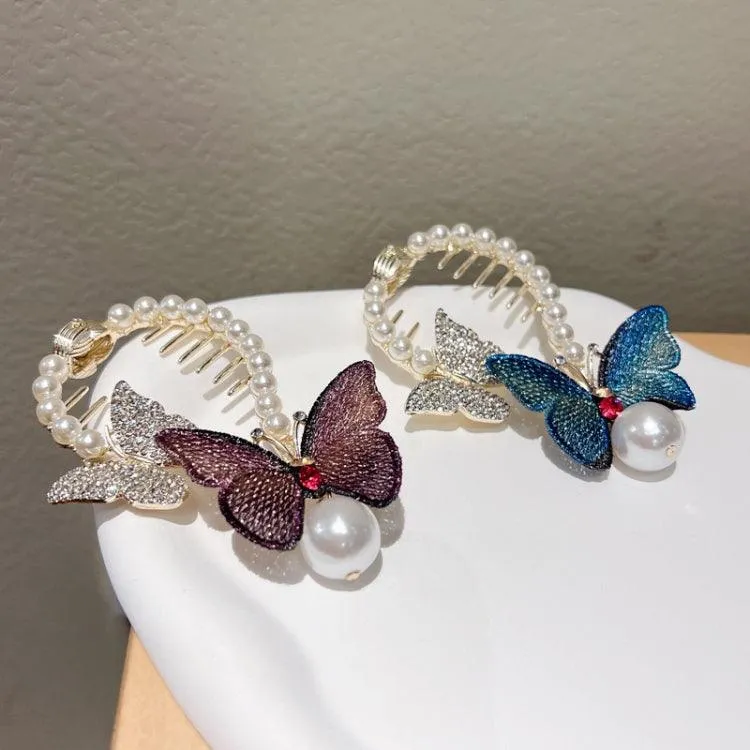 Embellished Butterfly Rhinestone Ponytail Clip with Pearl Accents