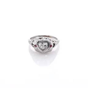 Estate 18k White Gold Bezel Set Heart Shape Diamond Filagree Ring