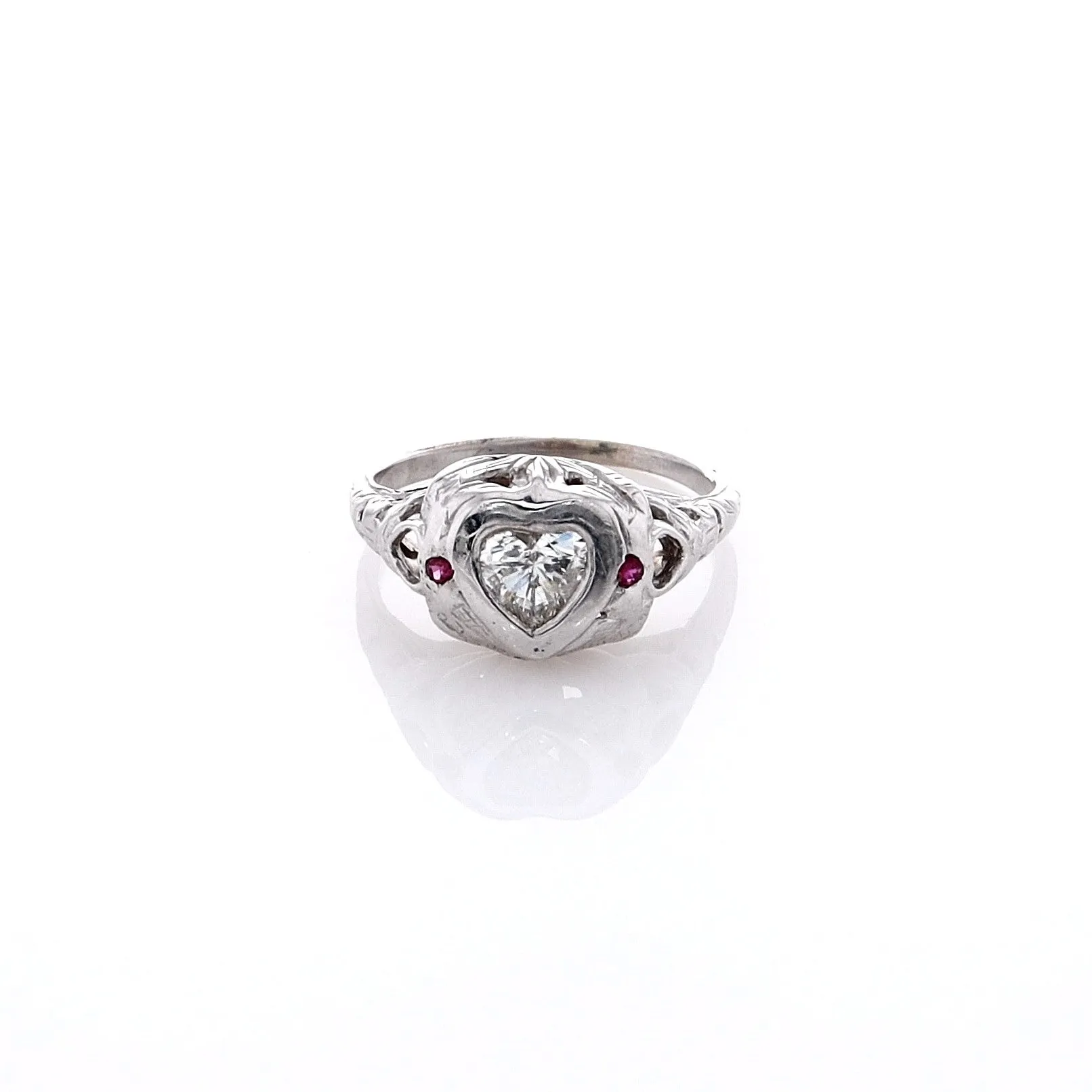 Estate 18k White Gold Bezel Set Heart Shape Diamond Filagree Ring