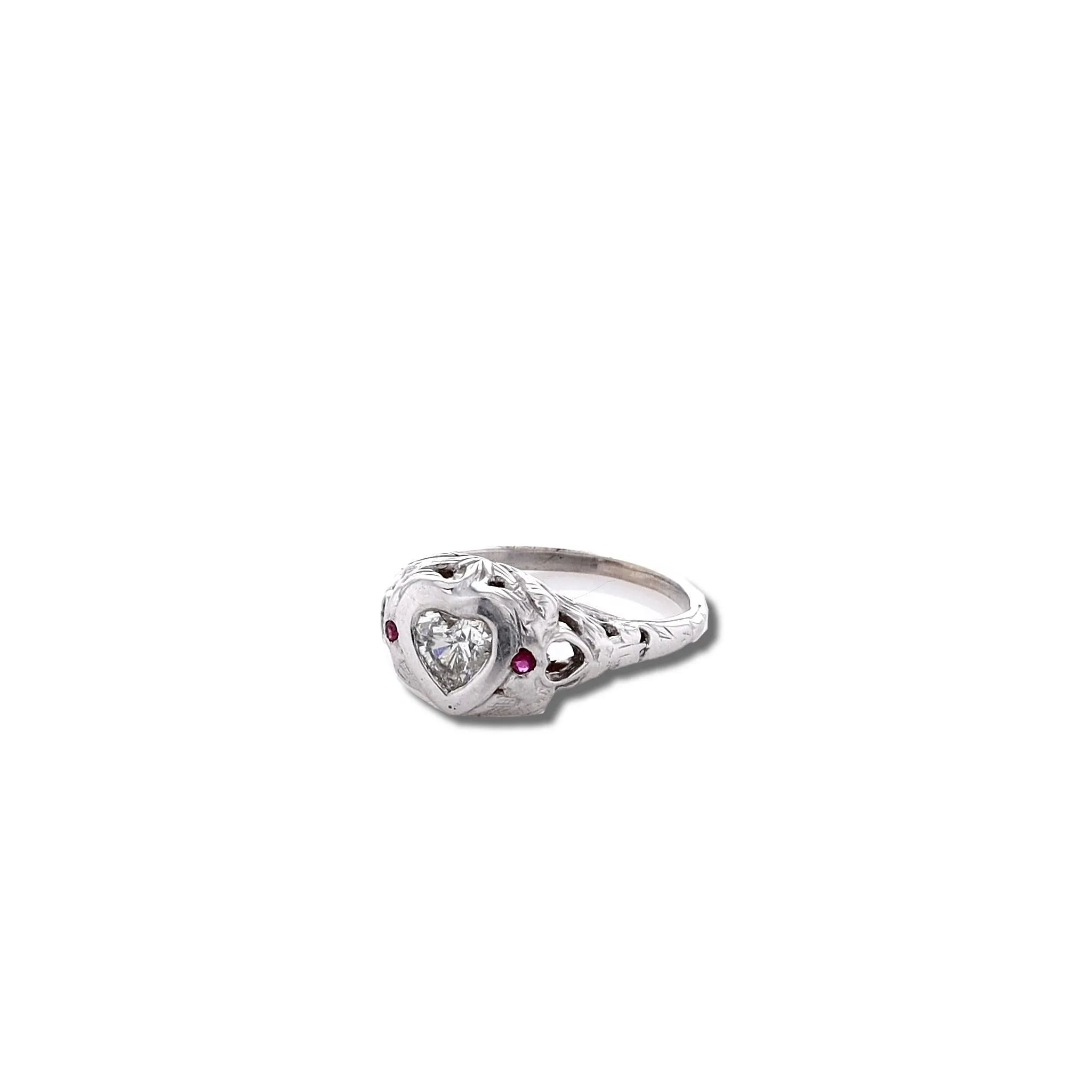 Estate 18k White Gold Bezel Set Heart Shape Diamond Filagree Ring