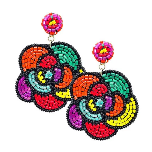 Felt Back Beaded Flower Dangle Earrings