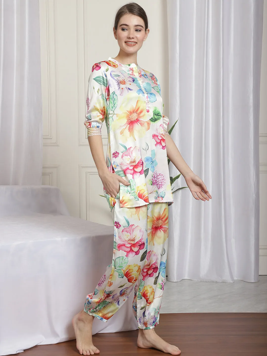 FLORAL PRINTED SATIN CO-ORD SET WITH TROUSERS