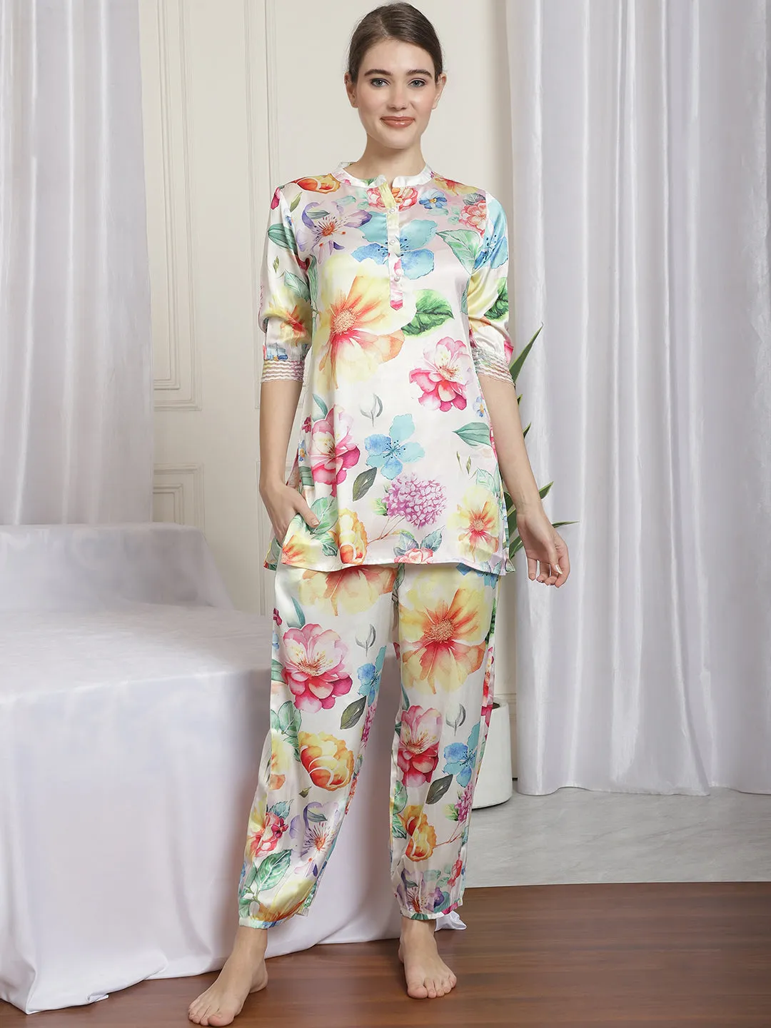 FLORAL PRINTED SATIN CO-ORD SET WITH TROUSERS