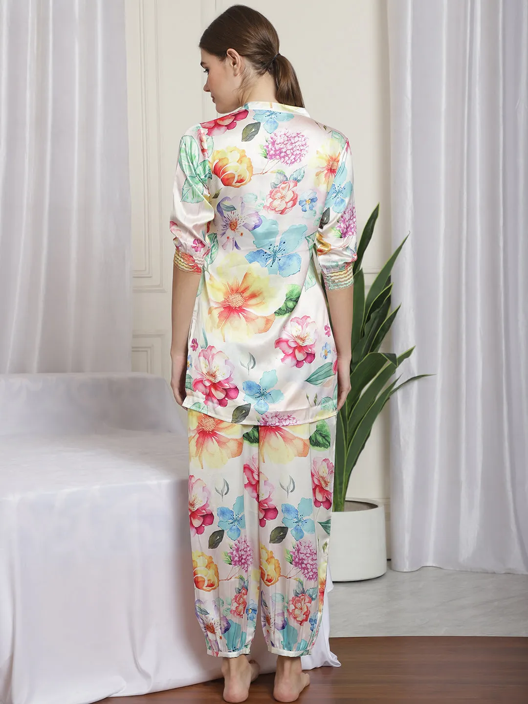 FLORAL PRINTED SATIN CO-ORD SET WITH TROUSERS