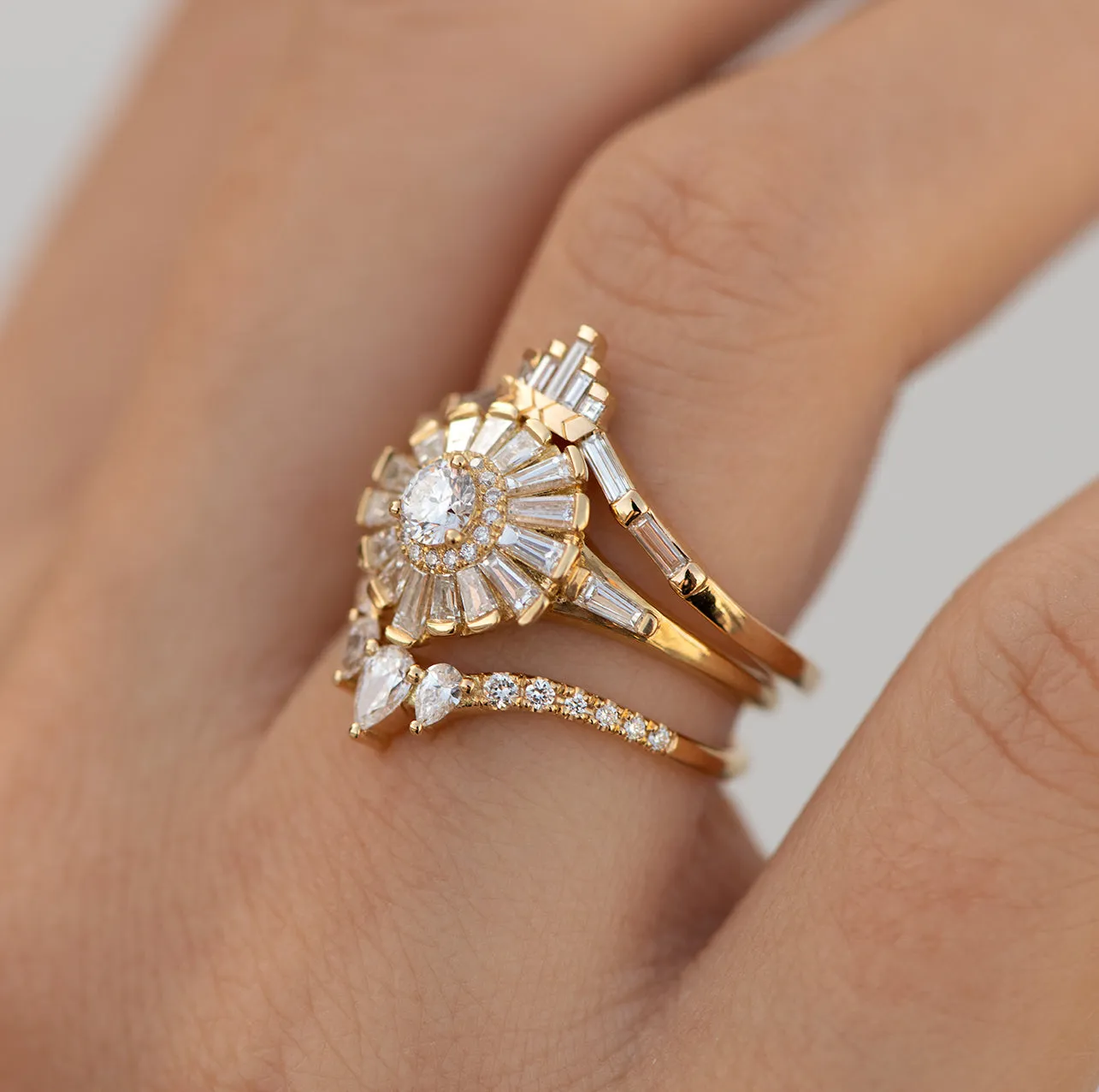 Halo Ring with Baguette Diamond Frills - Asymmetric Halo Engagement Ring