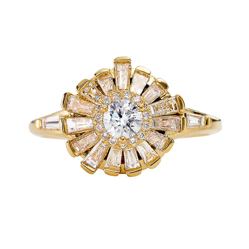 Halo Ring with Baguette Diamond Frills - Asymmetric Halo Engagement Ring