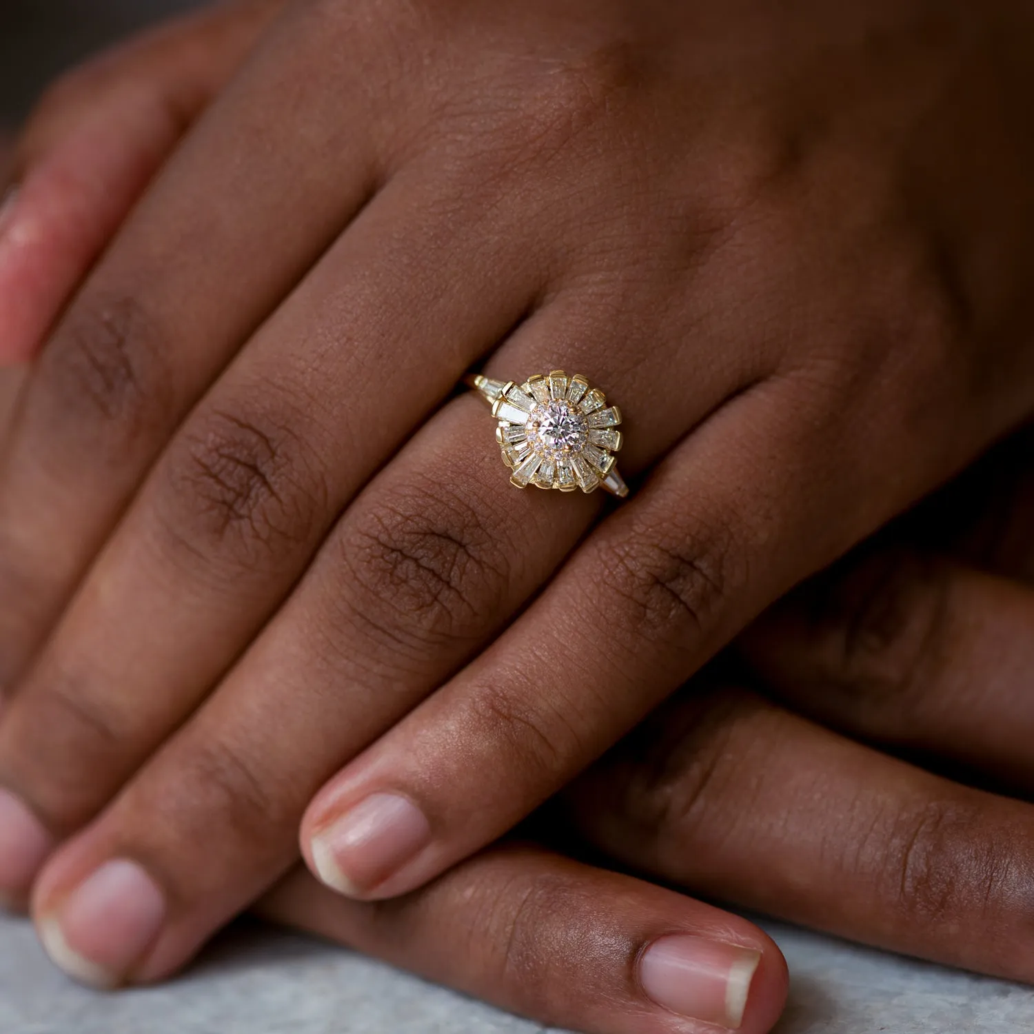 Halo Ring with Baguette Diamond Frills - Asymmetric Halo Engagement Ring