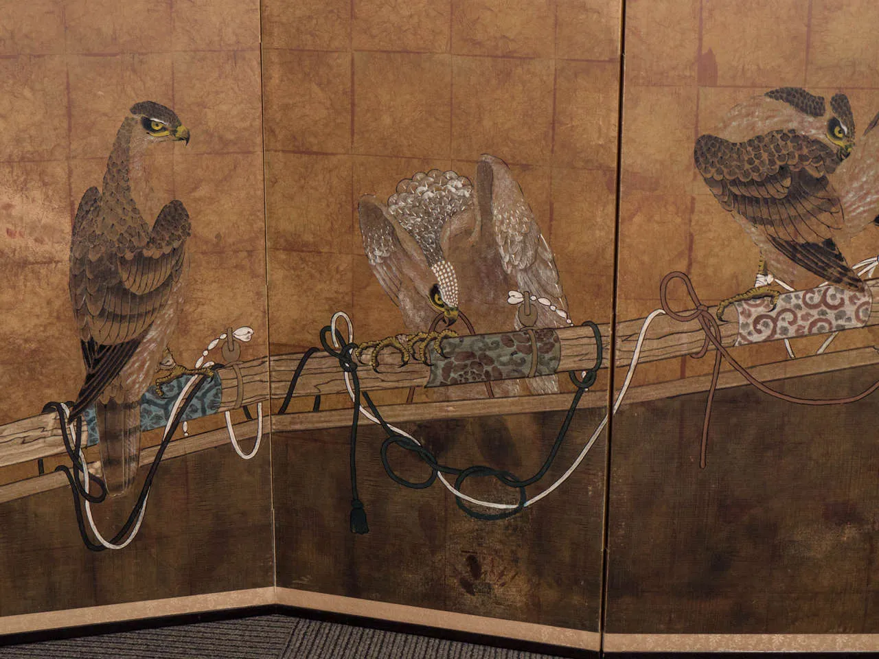 Japanese Four-Panel Screen with Painted Falcon Design, Early 20th Century